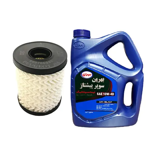 فیلتر روغن پژو 206 کوتاه آرو+روغن موتور بهران سوپر پیشتاز 10W-40 SL چهار لیتری
